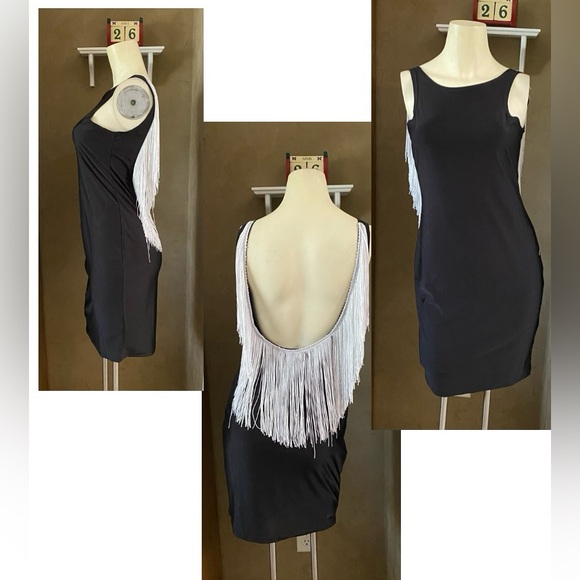 Bodycon Dress - White Fringe Accent / Backless Junior size L stretch fabric - Picture 2 of 11